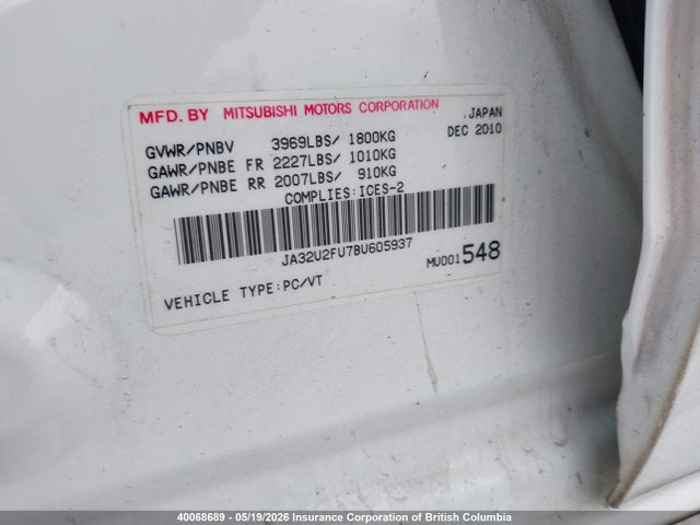 Auction sale of the 2011 Mitsubishi Lancer Se, vin: JA32U2FU7BU605937, lot number: 40068689