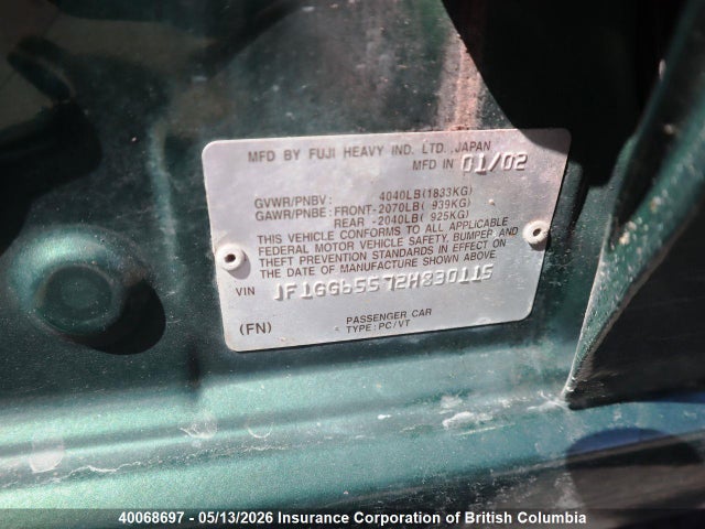 Продажа на аукционе авто 2002 Subaru Impreza Ts, vin: JF1GG65572H830115, номер лота: 40068697