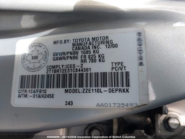 40068699 :رقم المزاد ، 2T1BR12E31C844361 vin ، 2001 Toyota Corolla Ce/le/s مزاد بيع