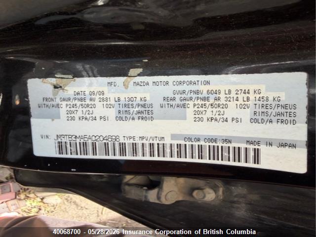 Aukcja sprzedaży 2010 Mazda Cx-9, vin: JM3TB3MA5A0204698, numer aukcji: 40068700
