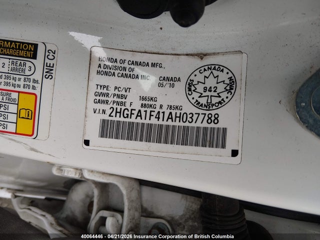 Продажа на аукционе авто 2010 Honda Civic Dx-g, vin: 2HGFA1F41AH037788, номер лота: 40064446