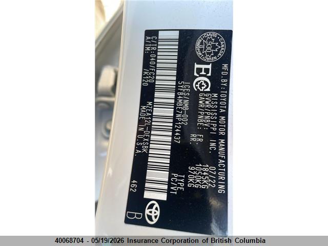 40068704 :رقم المزاد ، 5YFB4MBE7NP124437 vin ، 2022 Toyota Corolla Se مزاد بيع