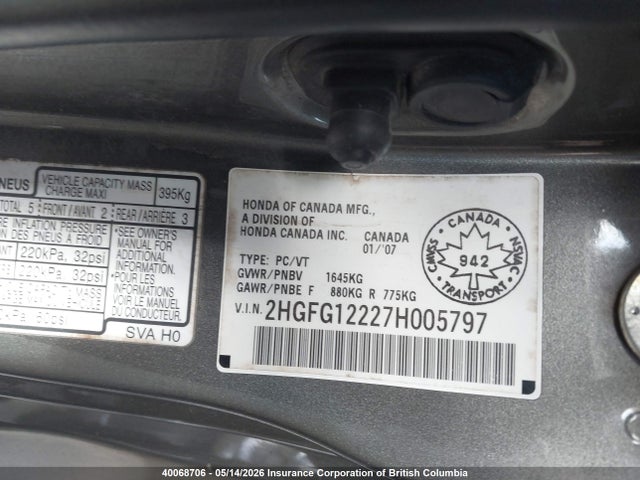 40068706 :رقم المزاد ، 2HGFG12227H005797 vin ، 2007 Honda Civic مزاد بيع