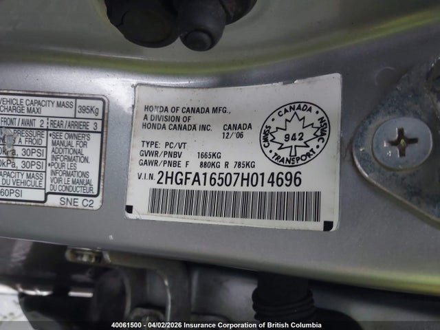 Aukcja sprzedaży 2007 Honda Civic Lx, vin: 2HGFA16507H014696, numer aukcji: 40061500