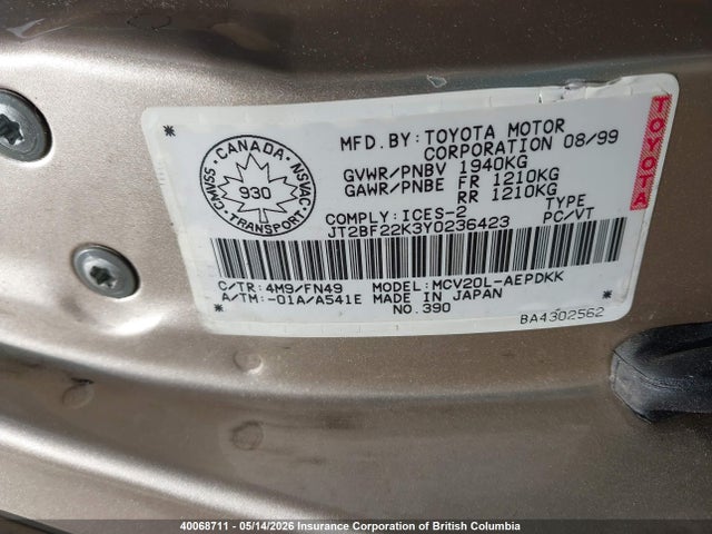 40068711 :رقم المزاد ، JT2BF22K3Y0236423 vin ، 2000 Toyota Camry مزاد بيع