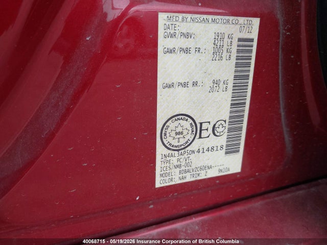 Aukcja sprzedaży 2013 Nissan Altima 2.5/s/sv/sl, vin: 1N4AL3AP5DN414818, numer aukcji: 40068715