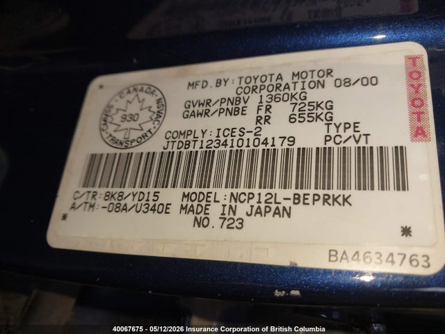 40067675 :رقم المزاد ، JTDBT123410104179 vin ، 2001 Toyota Echo مزاد بيع