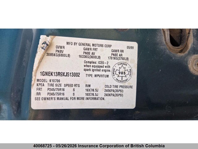 1999 Chevrolet 3500 მანქანა იყიდება აუქციონზე, vin: 1GNEK13R9XJ513002, აუქციონის ნომერი: 40068725