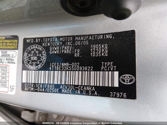 40065216 :رقم المزاد ، 4T1BE32K55U093622 vin ، 2005 Toyota Camry Le/xle/se مزاد بيع
