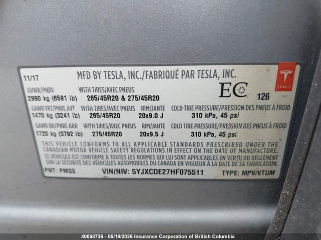 40068736 :رقم المزاد ، 5YJXCDE27HF075511 vin ، 2017 Tesla Model X Awd/standard Range مزاد بيع