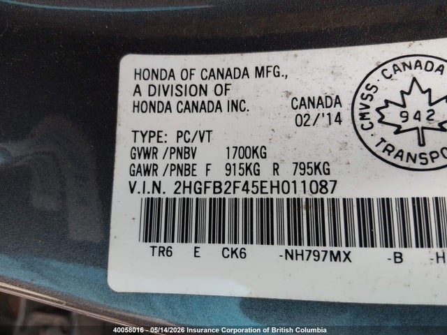 Продажа на аукционе авто 2014 Honda Civic Lx, vin: 2HGFB2F45EH011087, номер лота: 40058016
