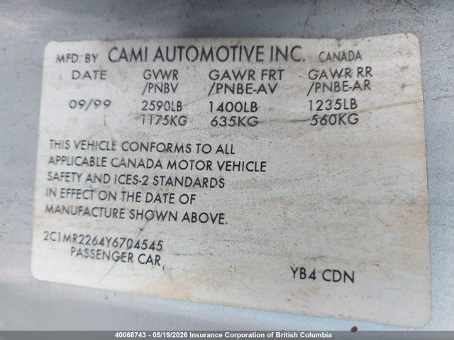 40068743 :رقم المزاد ، 2C1MR2264Y6704545 vin ، 2000 Chevrolet Metro مزاد بيع