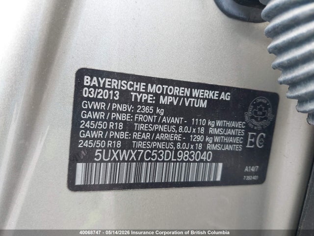Aukcja sprzedaży 2013 Bmw X3, vin: 5UXWX7C53DL983040, numer aukcji: 40068747