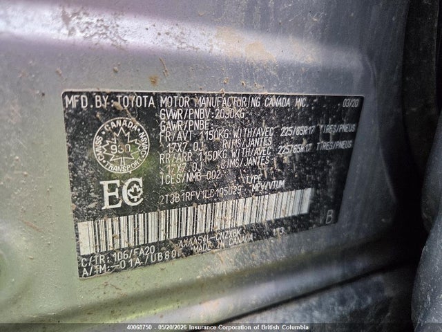 40068750 :رقم المزاد ، 2T3B1RFV1LC105029 vin ، 2020 Toyota Rav4 مزاد بيع