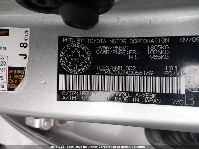 40061383 :رقم المزاد ، JTDKN3DU7A0056169 vin ، 2010 Toyota Prius مزاد بيع