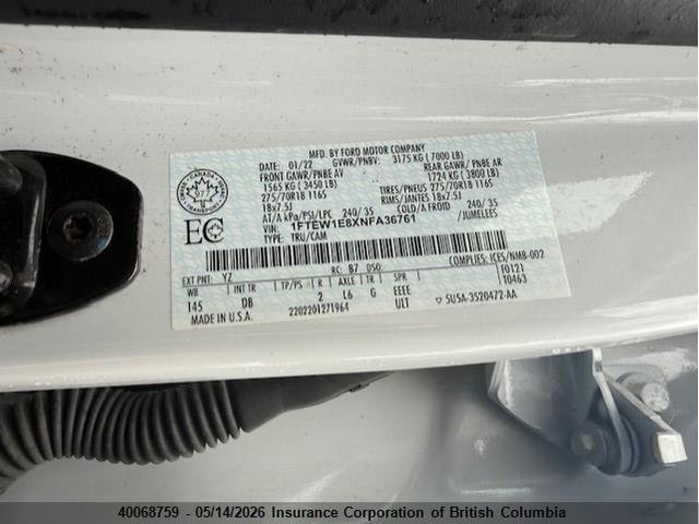 40068759 :رقم المزاد ، 1FTEW1E8XNFA36761 vin ، 2022 Ford F150 مزاد بيع