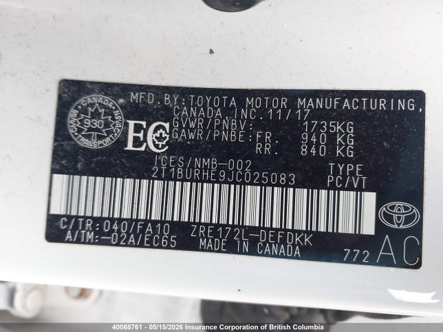 40068761 :رقم المزاد ، 2T1BURHE9JC025083 vin ، 2018 Toyota Corolla L/le/xle/se/xse مزاد بيع
