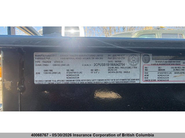 2021 Canada Trailers Manufacturing Limited Trailer მანქანა იყიდება აუქციონზე, vin: 2CPUSB1B1MA042794, აუქციონის ნომერი: 40068767