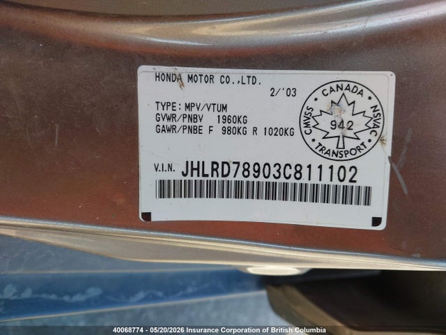 Aukcja sprzedaży 2003 Honda Cr-v, vin: JHLRD78903C811102, numer aukcji: 40068774