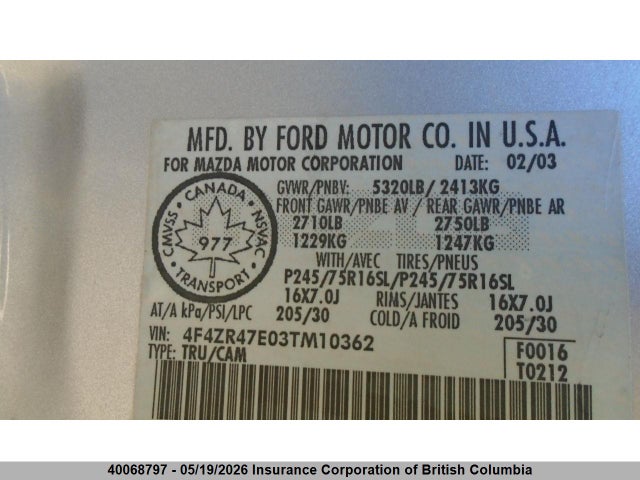 40068797 :رقم المزاد ، 4F4ZR47E03TM10362 vin ، 2003 Mazda B4000 مزاد بيع
