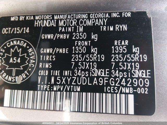 5XYZUDLA9FG242909 Hyundai SANTA FE SPORT