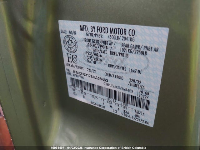 Продажа на аукционе авто 2008 Ford Escape Xlt, vin: 1FMCU03178KA58463, номер лота: 40061497