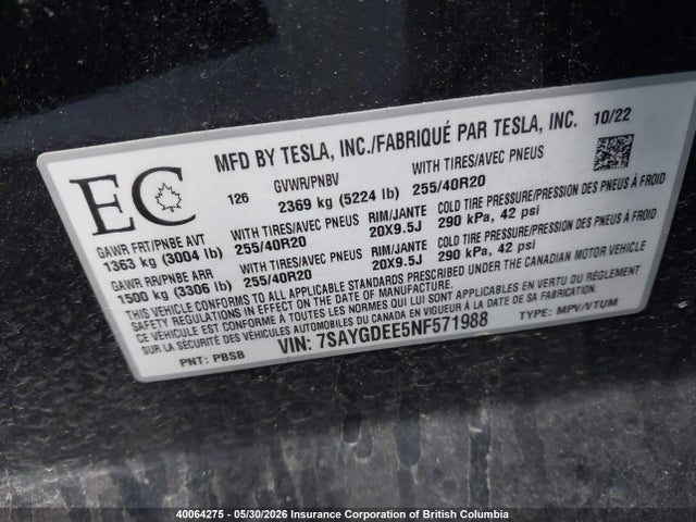 Продаж на аукціоні авто 2022 Tesla Model Y, vin: 7SAYGDEE5NF571988, номер лоту: 40064275