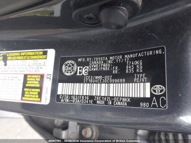 40067091 :رقم المزاد ، 2T1BU4EE3DC999699 vin ، 2013 Toyota Corolla S/le مزاد بيع