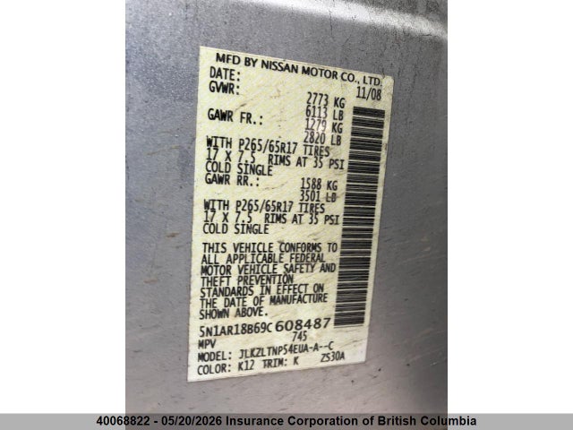 Aukcja sprzedaży 2009 Nissan Pathfinder S/le/se, vin: 5N1AR18B69C608487, numer aukcji: 40068822