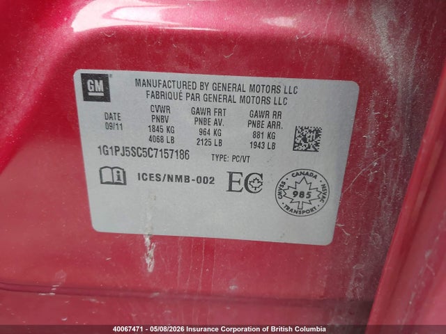 Продаж на аукціоні авто 2012 Chevrolet Cruze Eco, vin: 1G1PJ5SC5C7157186, номер лоту: 40067471