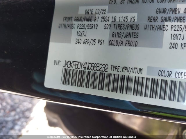 Продажа на аукционе авто 2022 Mazda Cx-5 Gt, vin: JM3KFBDY4N0585232, номер лота: 40062349