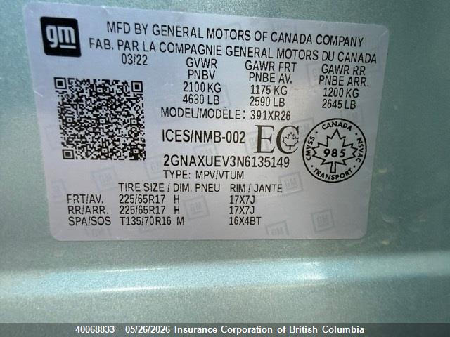 Aukcja sprzedaży 2022 Chevrolet Equinox Lt, vin: 2GNAXUEV3N6135149, numer aukcji: 40068833