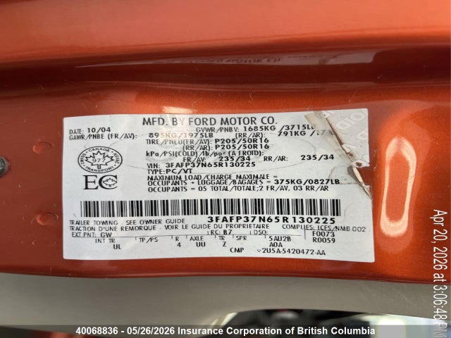 Aukcja sprzedaży 2005 Ford Focus, vin: 3FAFP37N65R130225, numer aukcji: 40068836