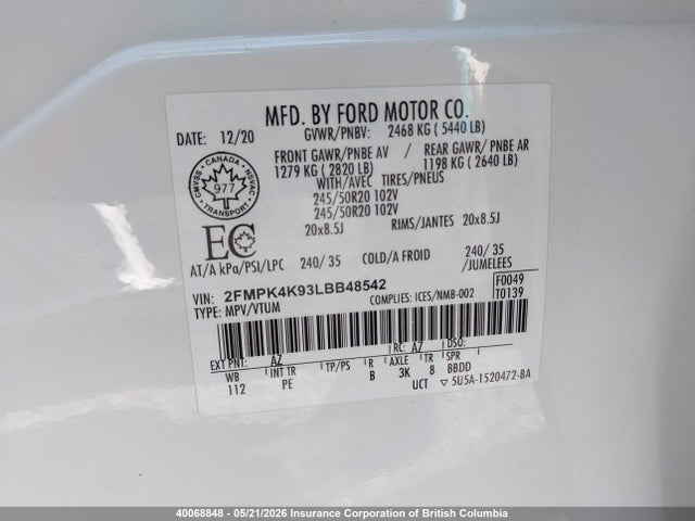 40068848 :رقم المزاد ، 2FMPK4K93LBB48542 vin ، 2020 Ford Edge مزاد بيع