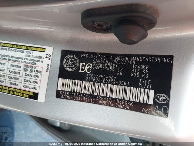 40066713 :رقم المزاد ، 2T1BU4EE3AC243561 vin ، 2010 Toyota Corolla S/le/xle مزاد بيع