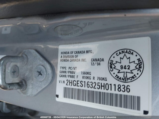 Продаж на аукціоні авто 2005 Honda Civic Dx Vp, vin: 2HGES16325H011836, номер лоту: 40066726