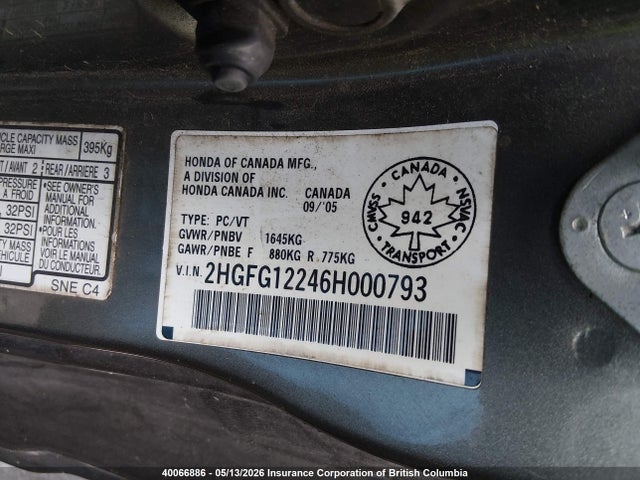 Продаж на аукціоні авто 2006 Honda Civic Dx, vin: 2HGFG12246H000793, номер лоту: 40066886