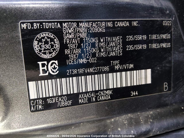 2022 Toyota Rav4 Xle/xle Premium მანქანა იყიდება აუქციონზე, vin: 2T3R1RFV4NC277086, აუქციონის ნომერი: 40066826