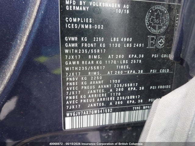 WVGJV7AX7GW541592 Volkswagen Tiguan Comfortline/highline/special Edition