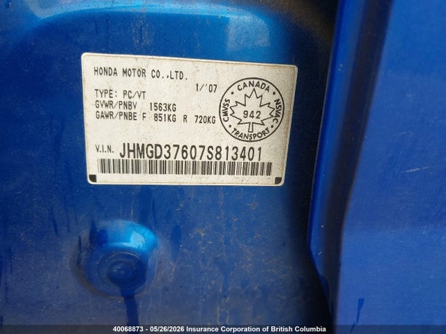 Продаж на аукціоні авто 2007 Honda Fit, vin: JHMGD37607S813401, номер лоту: 40068873