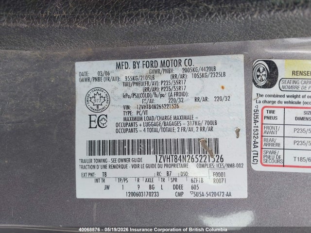 Продаж на аукціоні авто 2006 Ford Mustang, vin: 1ZVHT84N265221526, номер лоту: 40068876