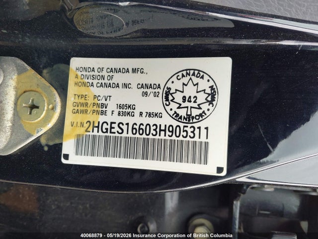 Aukcja sprzedaży 2003 Honda Civic, vin: 2HGES16603H905311, numer aukcji: 40068879