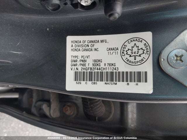 Aukcja sprzedaży 2012 Honda Civic, vin: 2HGFB2F44CH111243, numer aukcji: 40068886