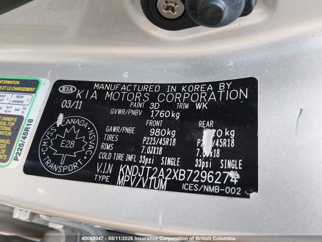 40068047 :رقم المزاد ، KNDJT2A2XB7296274 vin ، 2011 Kia Soul +/!/sport مزاد بيع