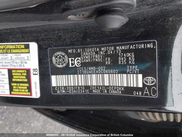 40068892 :رقم المزاد ، 2T1BU4EE4DC065602 vin ، 2013 Toyota Corolla S/le مزاد بيع
