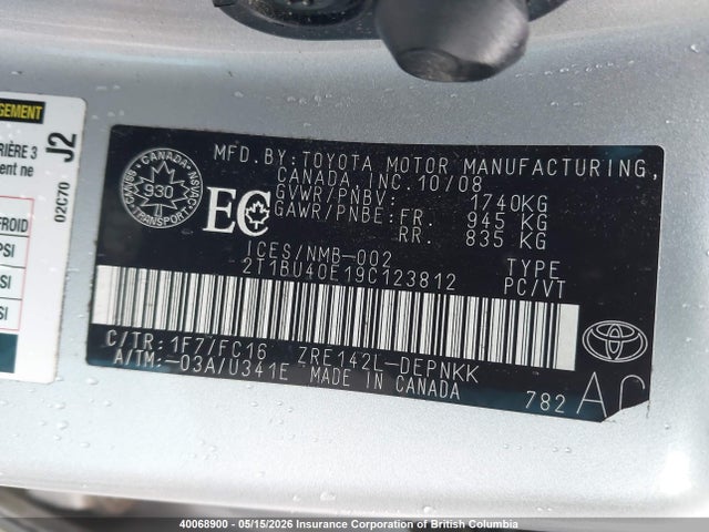 40068900 :رقم المزاد ، 2T1BU40E19C123812 vin ، 2009 Toyota Corolla S/le/xle مزاد بيع