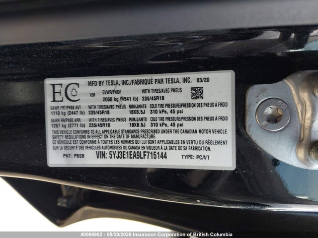 40068902 :رقم المزاد ، 5YJ3E1EA9LF715144 vin ، 2020 Tesla Model 3 مزاد بيع