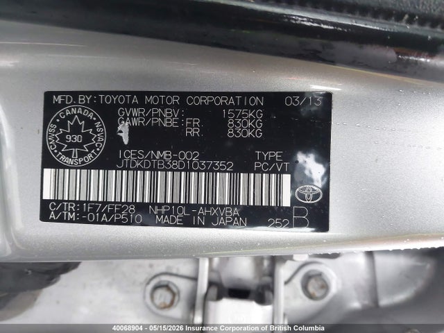 Aukcja sprzedaży 2013 Toyota Prius, vin: JTDKDTB38D1037352, numer aukcji: 40068904
