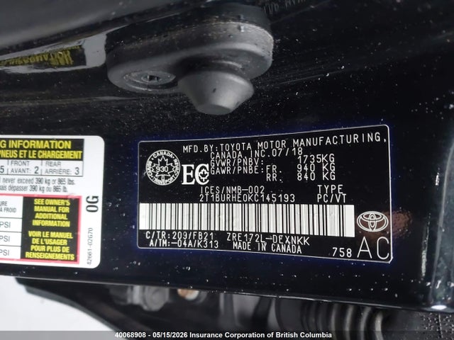 Aukcja sprzedaży 2019 Toyota Corolla L/le/xle/se/xse, vin: 2T1BURHE0KC145193, numer aukcji: 40068908