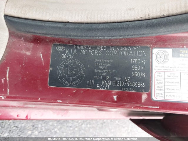 Aukcja sprzedaży 2007 Kia Spectra Lx/lx Convenience/lx Premium, vin: KNAFE121975489869, numer aukcji: 40068914